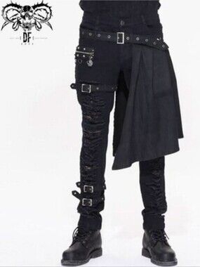 DEVIL FASHION "Incubus" Punk Ripped Trouser w/ Butt Flap, Buckles, Studs- Size M